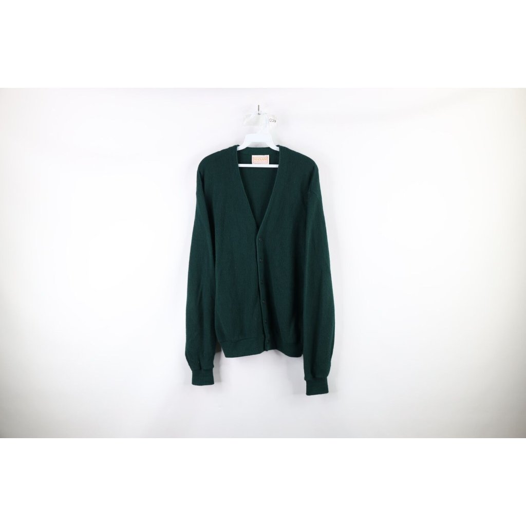 Vintage 70s Grunge Mens Large Blank Kurt Cobain Knit Cardigan Sweater Green Usa
